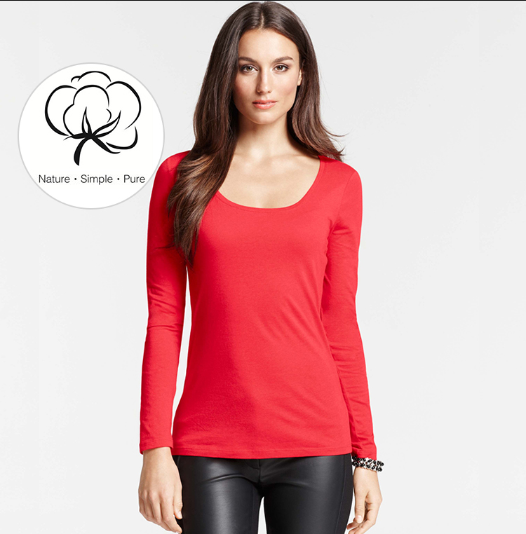 Enerup OEM ODM Deep O Collar Quick Dry Sport Black 100% Cotton Plus Size Long Sleeve Soft Womens T Shirt