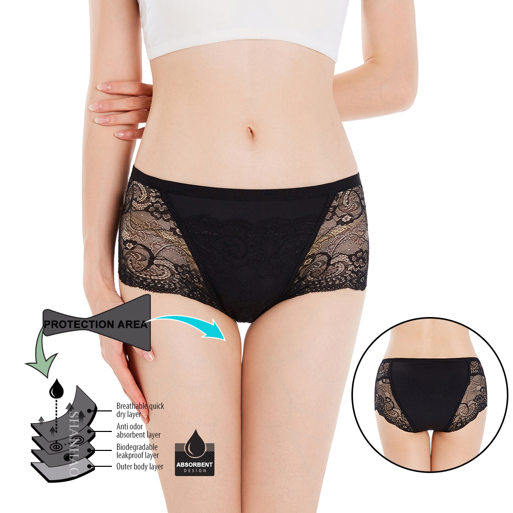 Plus size leak proof absorbent menstrual underwear sexy lace women sanitary period panties
