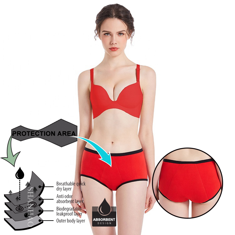 Ladies Fashion Menstrual Underwear Red Stitching Boxer panties Sustainable leakproof period panties organic